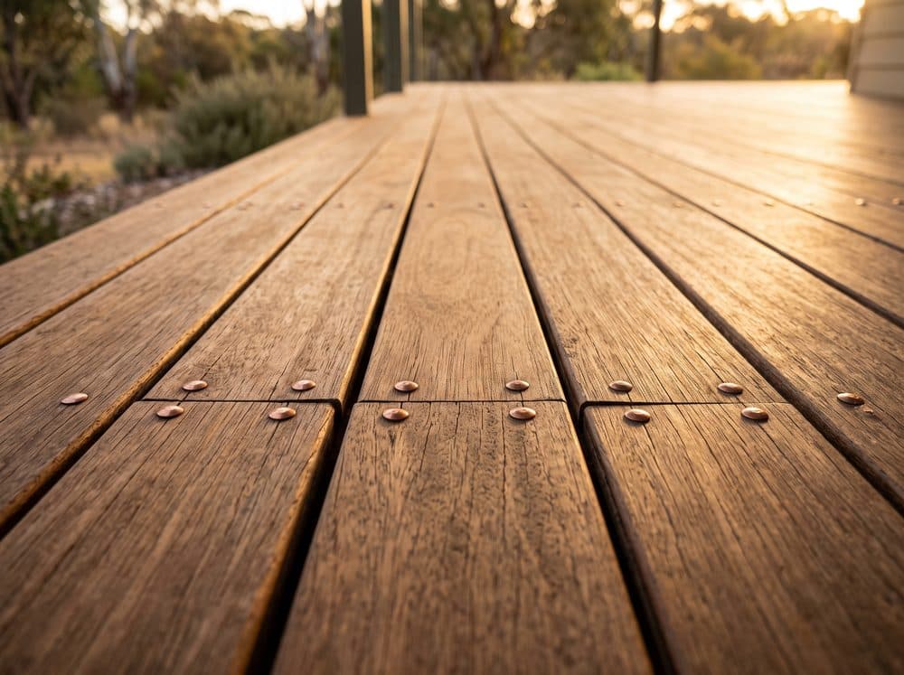 Rows of traditional domed nail heads in hardwood decking