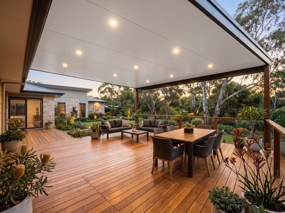 Insulated panel roof with downlights over an outdoor deck