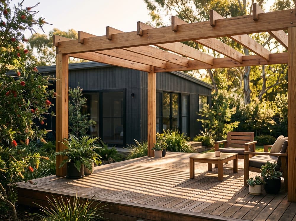 Open timber pergola over a hardwood deck at golden hour
