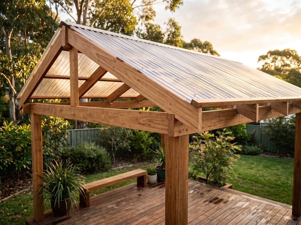 Polycarbonate sheet roof over a timber pergola frame